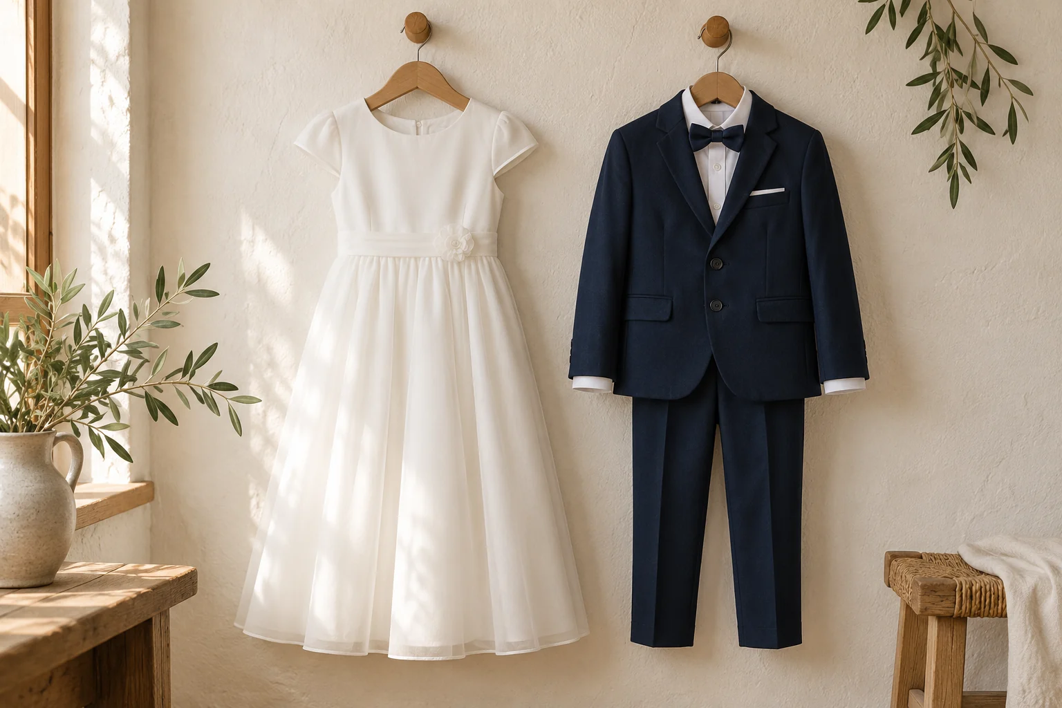 Weißes Kommunionkleid und dunkelblauer Kinderanzug mit weißem Hemd auf Holzbügeln
